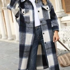 Levency Single Breasted Plaid Long Coat