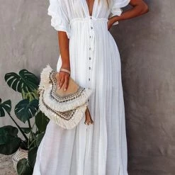 Levency New In Button Drawstring Waist Bat Maxi Cover Dress