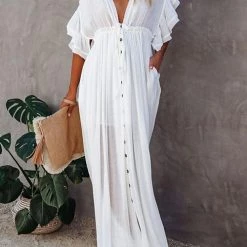 Levency New In Button Drawstring Waist Bat Maxi Cover Dress