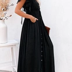 Levency New In Button Drawstring Waist Bat Maxi Cover Dress