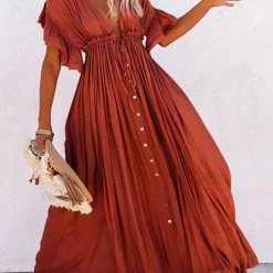 Levency New In Button Drawstring Waist Bat Maxi Cover Dress