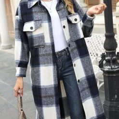 Levency Single Breasted Plaid Long Coat