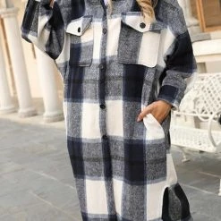 Levency Single Breasted Plaid Long Coat