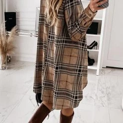 Levency Plaid Button Shirt Long Sleeve Mini Dress New In