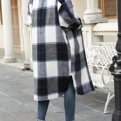 Levency Single Breasted Plaid Long Coat