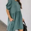 Levency Solid Half Sleeve Mini Dress New In