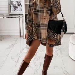 Levency Plaid Button Shirt Long Sleeve Mini Dress New In