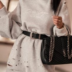 Levency Letter Print Ripped Hoodie Mini Dress