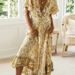 Levency Floral V Neck Maxi Dress