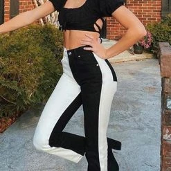 Levency New In Black White Colour Block Straight Jeans