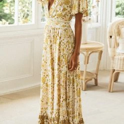 Levency Floral V Neck Maxi Dress