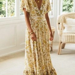 Levency Floral V Neck Maxi Dress