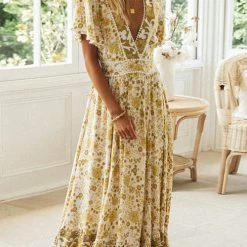 Levency Floral V Neck Maxi Dress