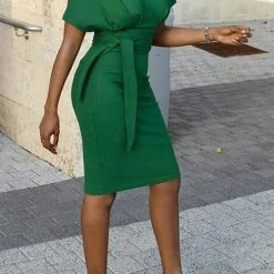 Levency Solid Belted Short Sleeve Dress