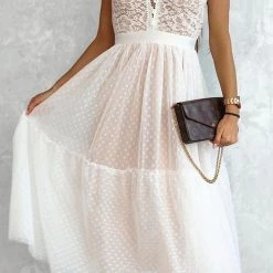Levency V Neck Polka Dot Lace Mesh Slip Dress
