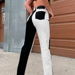 Levency New In Black White Colour Block Straight Jeans