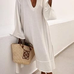 Levency New In Deep V Neck Flares Sleece Caftan Maxi Dress