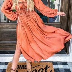 Levency New In Satin Pocket Drawstring Long Sleeve Midi Dress