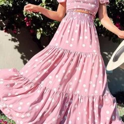 Levency Dot Puff Sleeve Crop Maxi Skirts Set New In