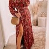 Levency Floral Print Long Sleeve Slit Maxi Wrap Dress
