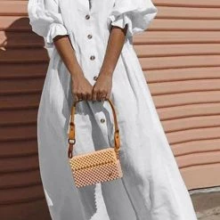 Levency New In Button Pockets O Neck Midi Dress