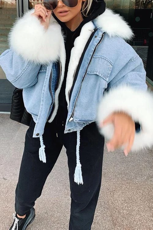 Levency Detachable Fuzzy Faux Fur Collar Denim Coat New In 28 Levency Detachable Fuzzy Faux Fur Collar Denim Coat New In