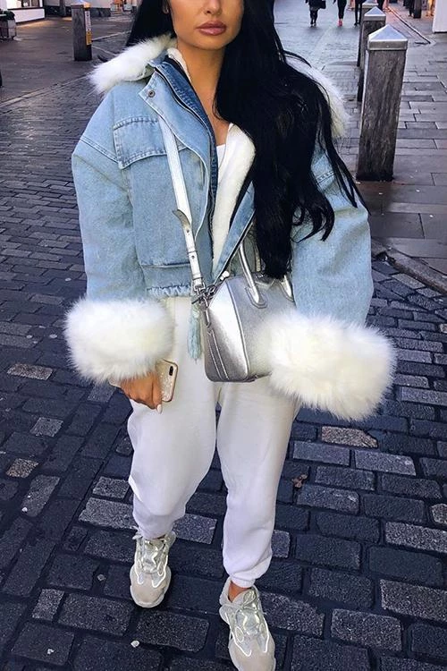 Levency Detachable Fuzzy Faux Fur Collar Denim Coat New In 34 Levency Detachable Fuzzy Faux Fur Collar Denim Coat New In