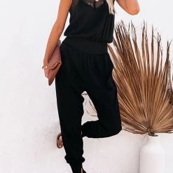Levency New In Lace V Neck Pockets Jogger Jumpsuits