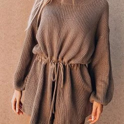 Levency O Neck Puff Long Drawstring Sweater Romper
