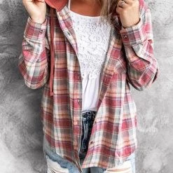 Levency New In Flannel Plaid Button Down Hoodie Top