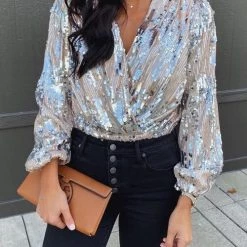 Levency Sequin V Neck Long Sleve Top