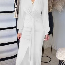 Levency Deep V Neck Slit Hem Knotted Maxi Dress