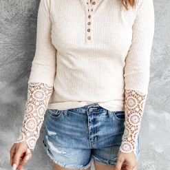 Levency Button Lace Patchwork Long Sleeve T Shirt