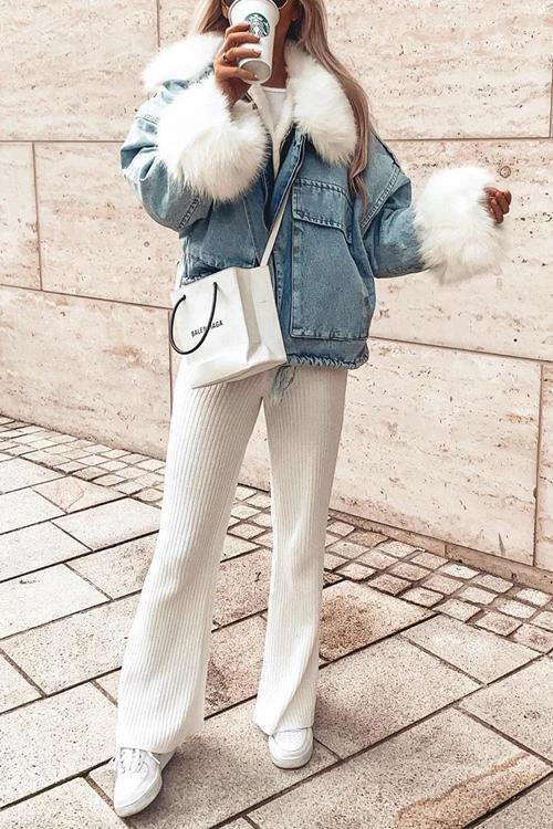 Levency Detachable Fuzzy Faux Fur Collar Denim Coat New In 35 Levency Detachable Fuzzy Faux Fur Collar Denim Coat New In