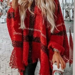 Levency New In Stripe Tassel Loose High Collar Sweaters