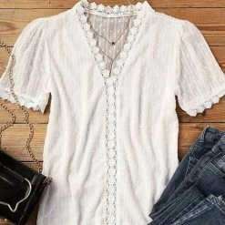Levency Lace V Neck Puff Short Sleeves Blouses 28 Levency Lace V Neck Puff Short Sleeves Blouses