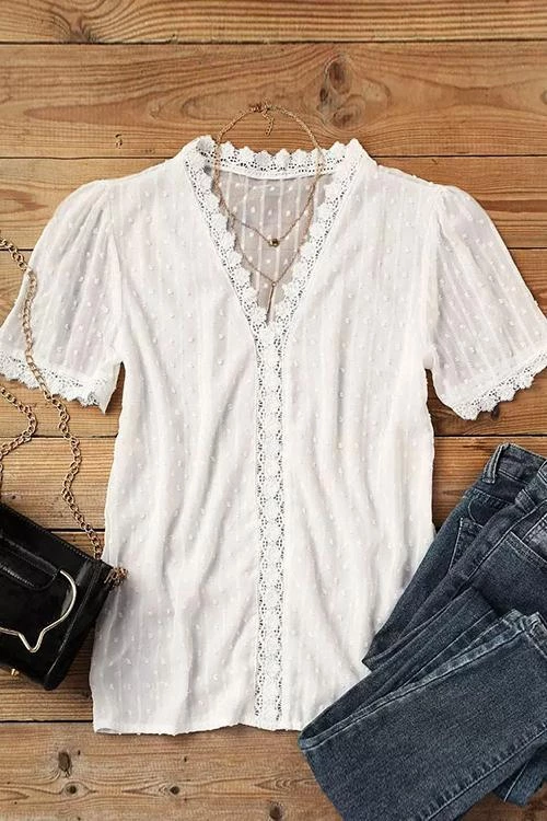 Levency Lace V Neck Puff Short Sleeves Blouses 12 Levency Lace V Neck Puff Short Sleeves Blouses
