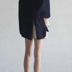 Levency O Neck Slit Back Loose Linen Blouse