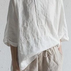 Levency O Neck Slit Back Loose Linen Blouse