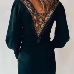 Levency Falling V Neck Lace Back Sweater Dress