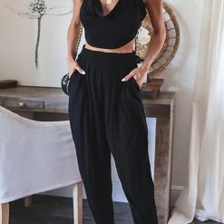 Levency New In Cowl Neck Open Back Top Pleated Pants Suit