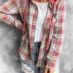 Levency New In Flannel Plaid Button Down Hoodie Top
