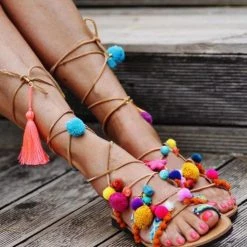 Levency New In Pom Pom Lace Up Flat Sandals