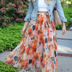 Levency New In Floral Print Chiffon Maxi Skirts