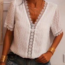 Levency Lace V Neck Puff Short Sleeves Blouses 32 Levency Lace V Neck Puff Short Sleeves Blouses