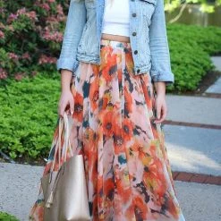 Levency New In Floral Print Chiffon Maxi Skirts