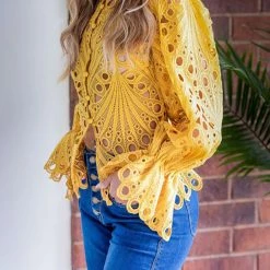 Levency New In Hollow Lace Button Up Top