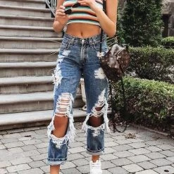 Levency Crazy Hole High Waist Loose Jeans New In