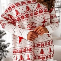 Levency New In Christmas Print Dew Shoulder Sweater Dress