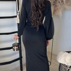 Levency Deep V Neck Slit Hem Knotted Maxi Dress